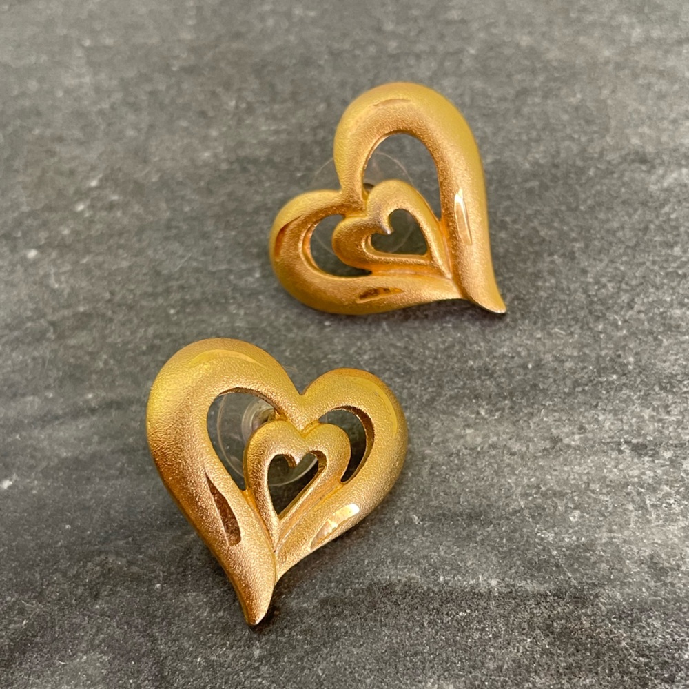 Vintage Matte Gold Heart Statement Earrings